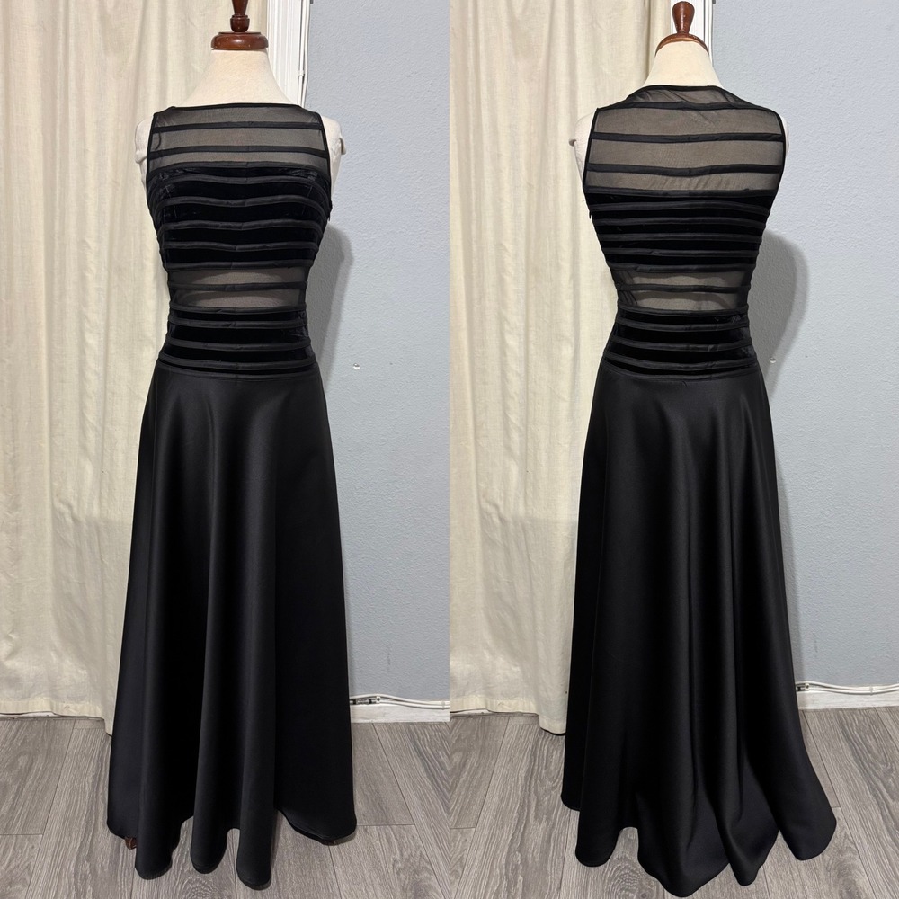 JS‎ Collections Black Velvet Sheer Stripe Formal Gown Dress Sz 10 Made in Canada